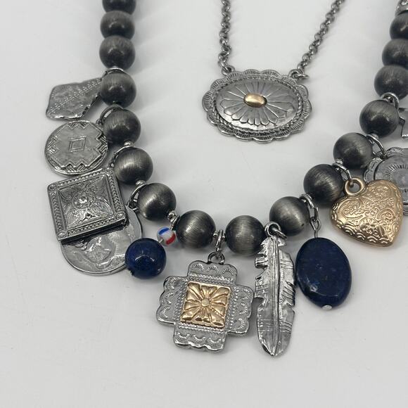 Chico’s Double Layer Beaded Charm Necklace 24" – Boho Mixed Metals Southwestern - Picture 3 of 6